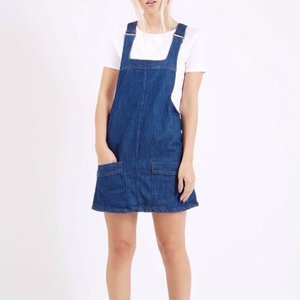 Topshop Blue Denim Pinafore Mini Dress